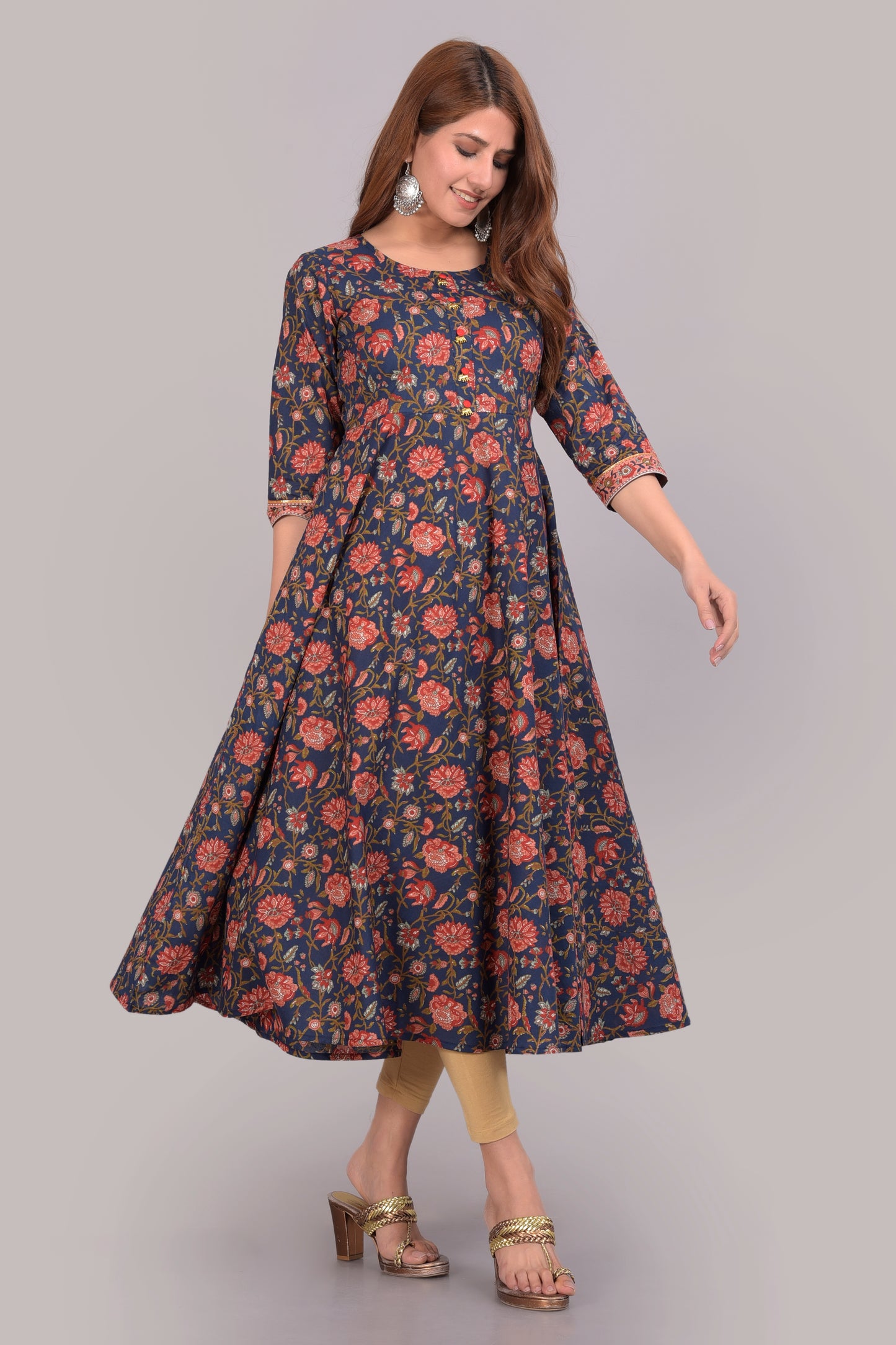 Floral Printed Round Neck Empire Cotton Anarkali Kurta