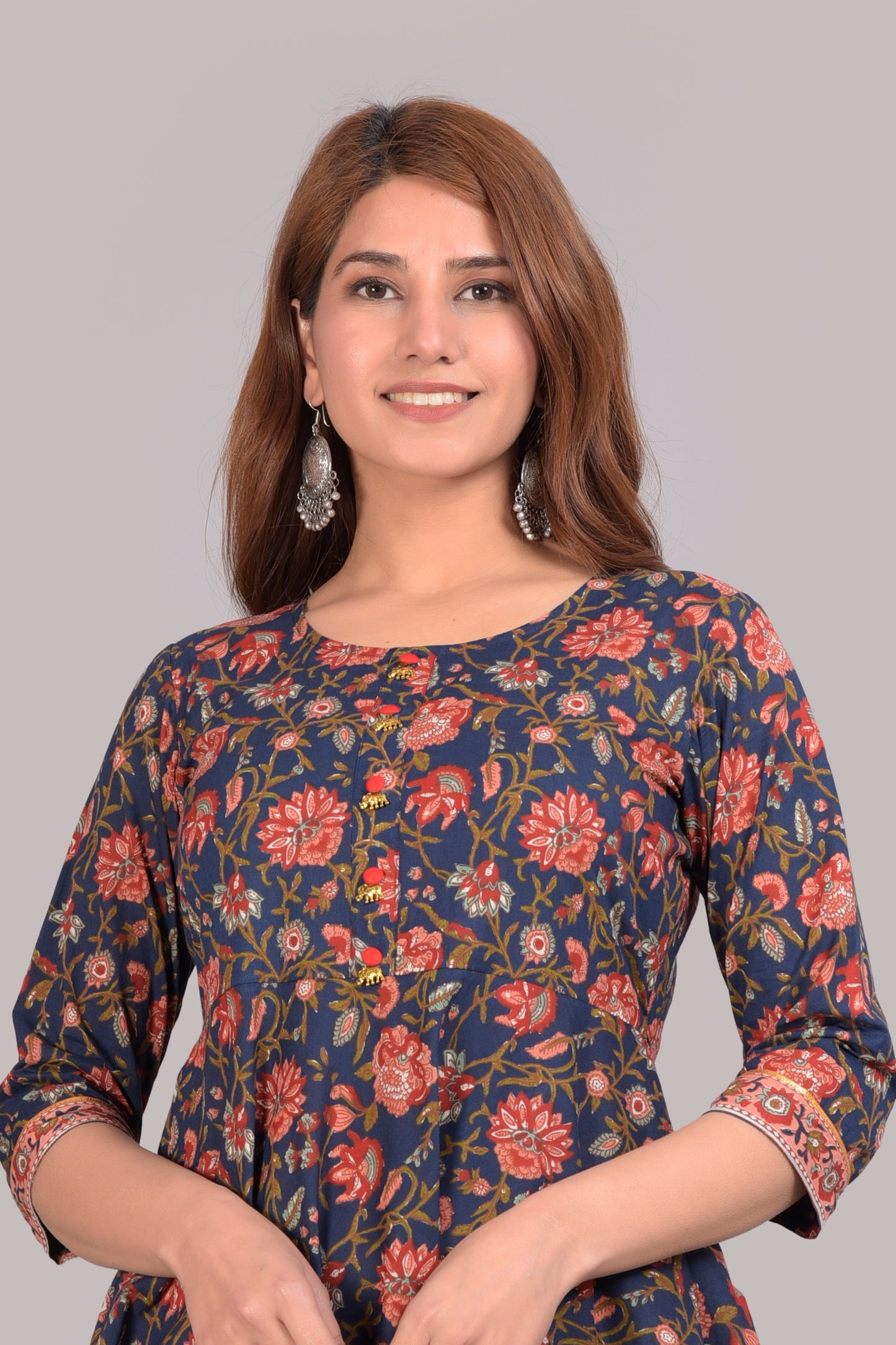 Floral Printed Round Neck Empire Cotton Anarkali Kurta