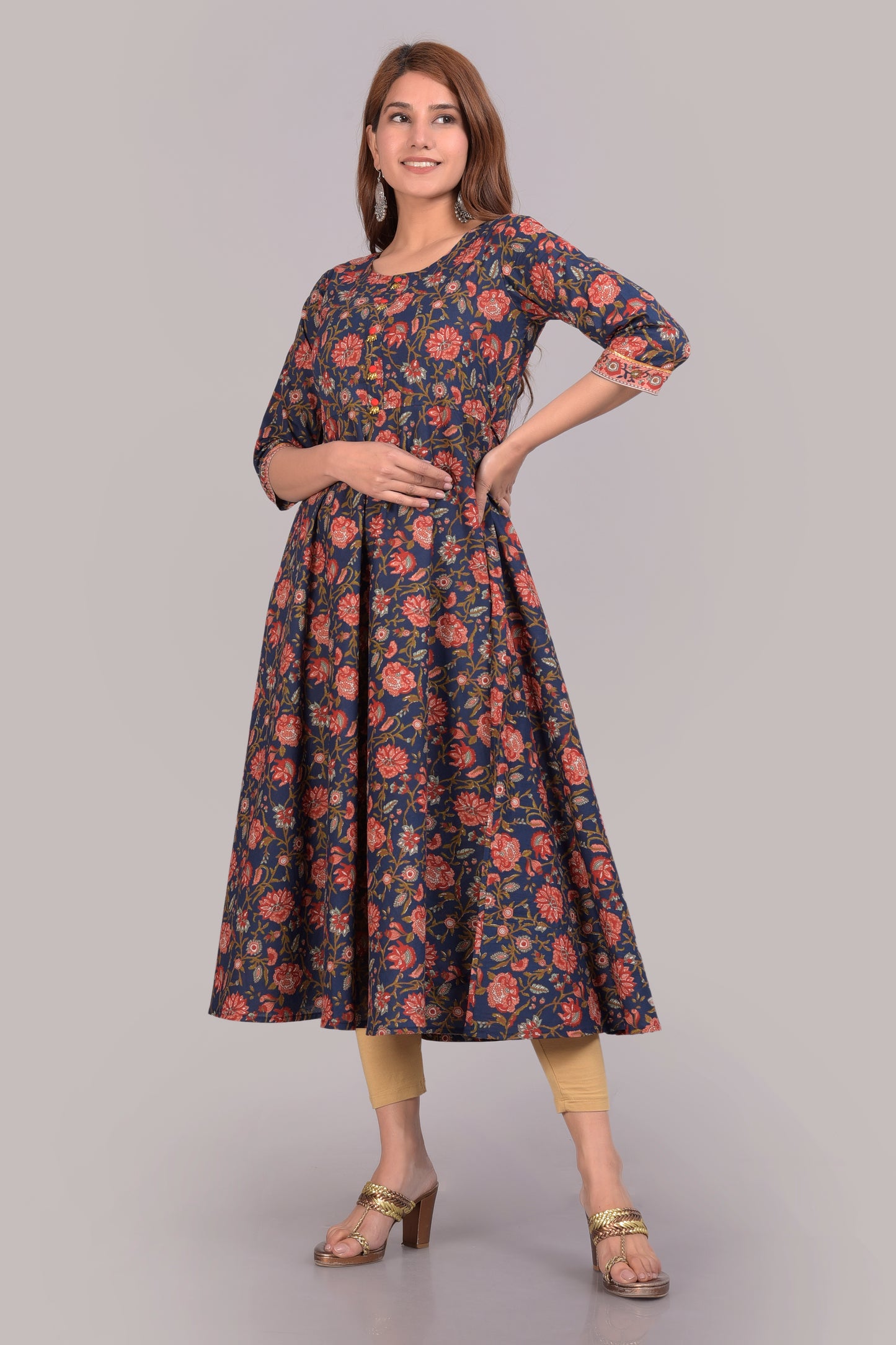 Floral Printed Round Neck Empire Cotton Anarkali Kurta