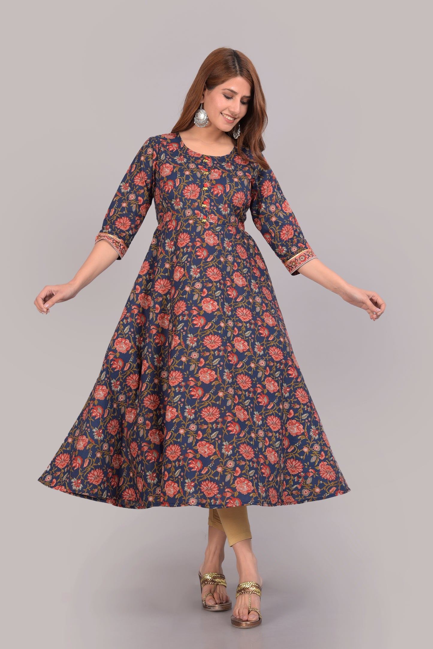 Floral Printed Round Neck Empire Cotton Anarkali Kurta