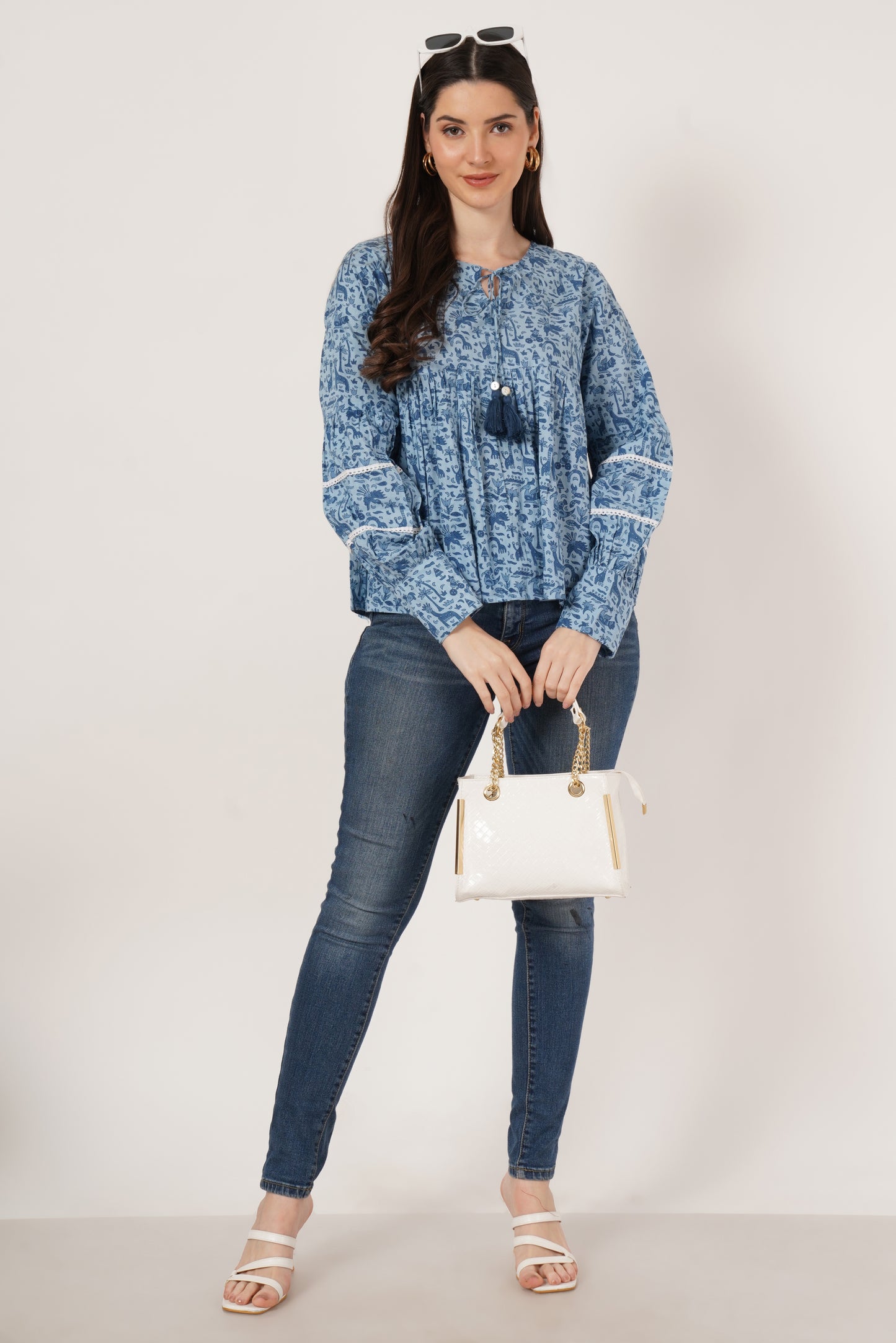 Women Floral Print Top, Navy and Blue