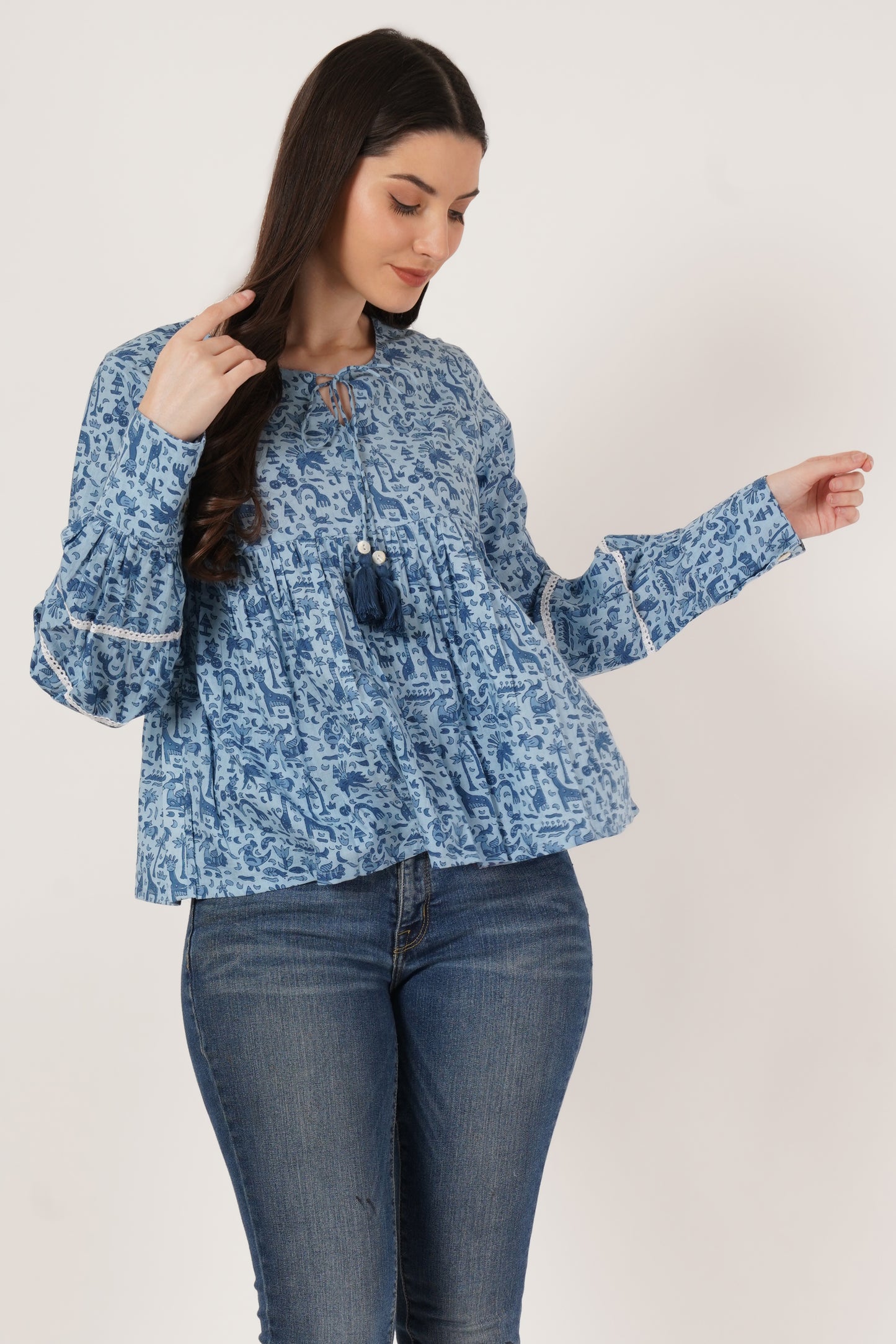 Women Floral Print Top, Navy and Blue