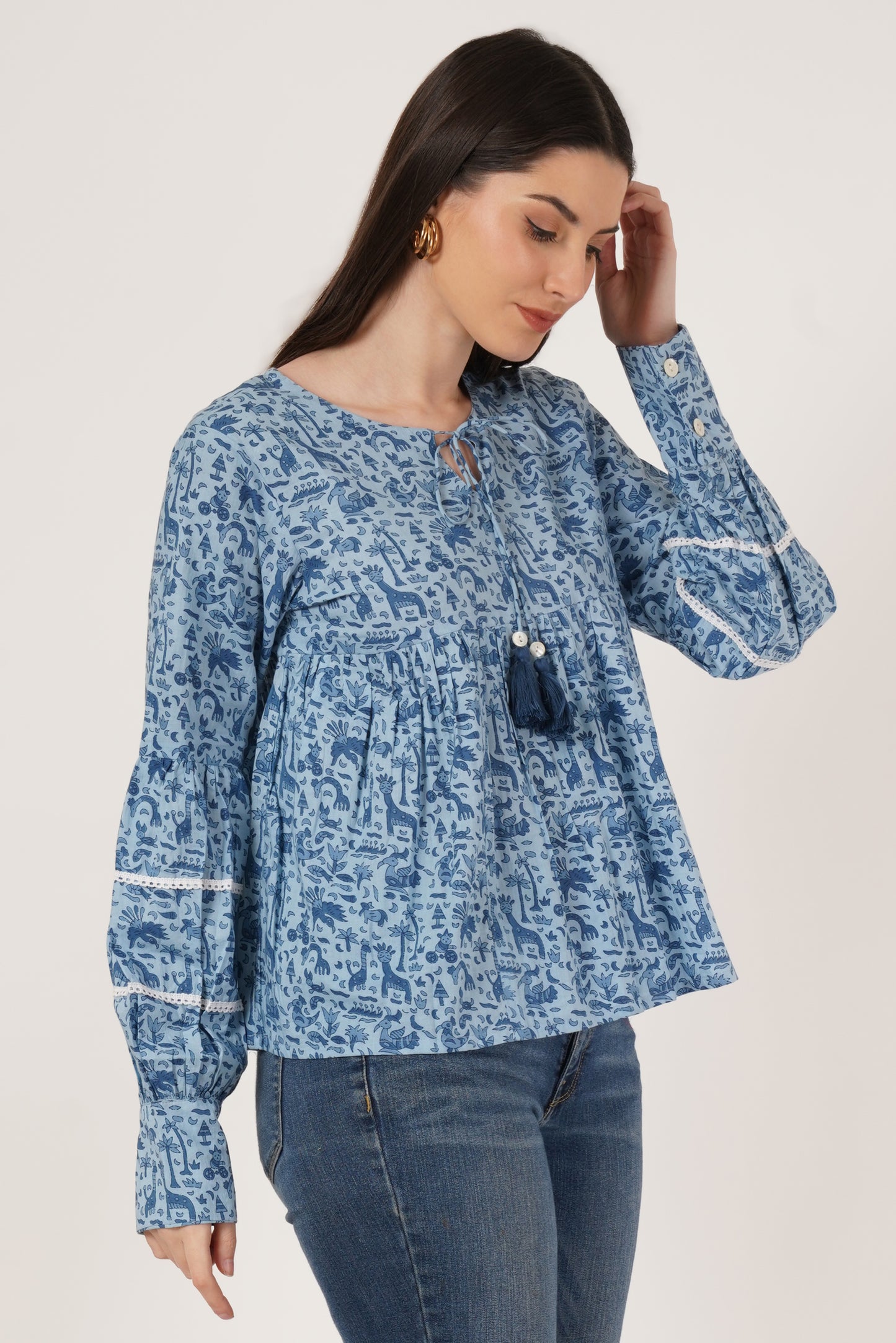 Women Floral Print Top, Navy and Blue