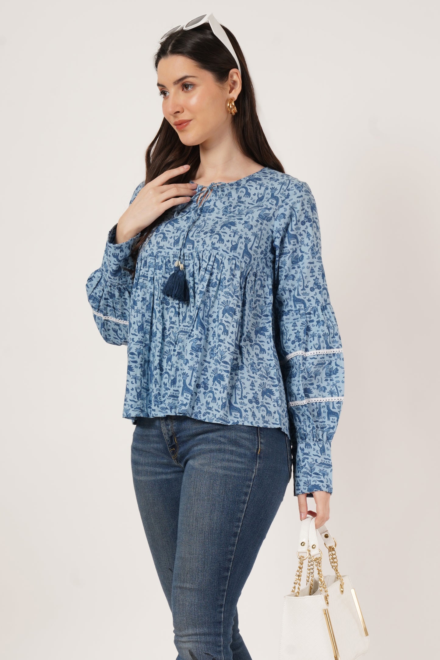 Women Floral Print Top, Navy and Blue