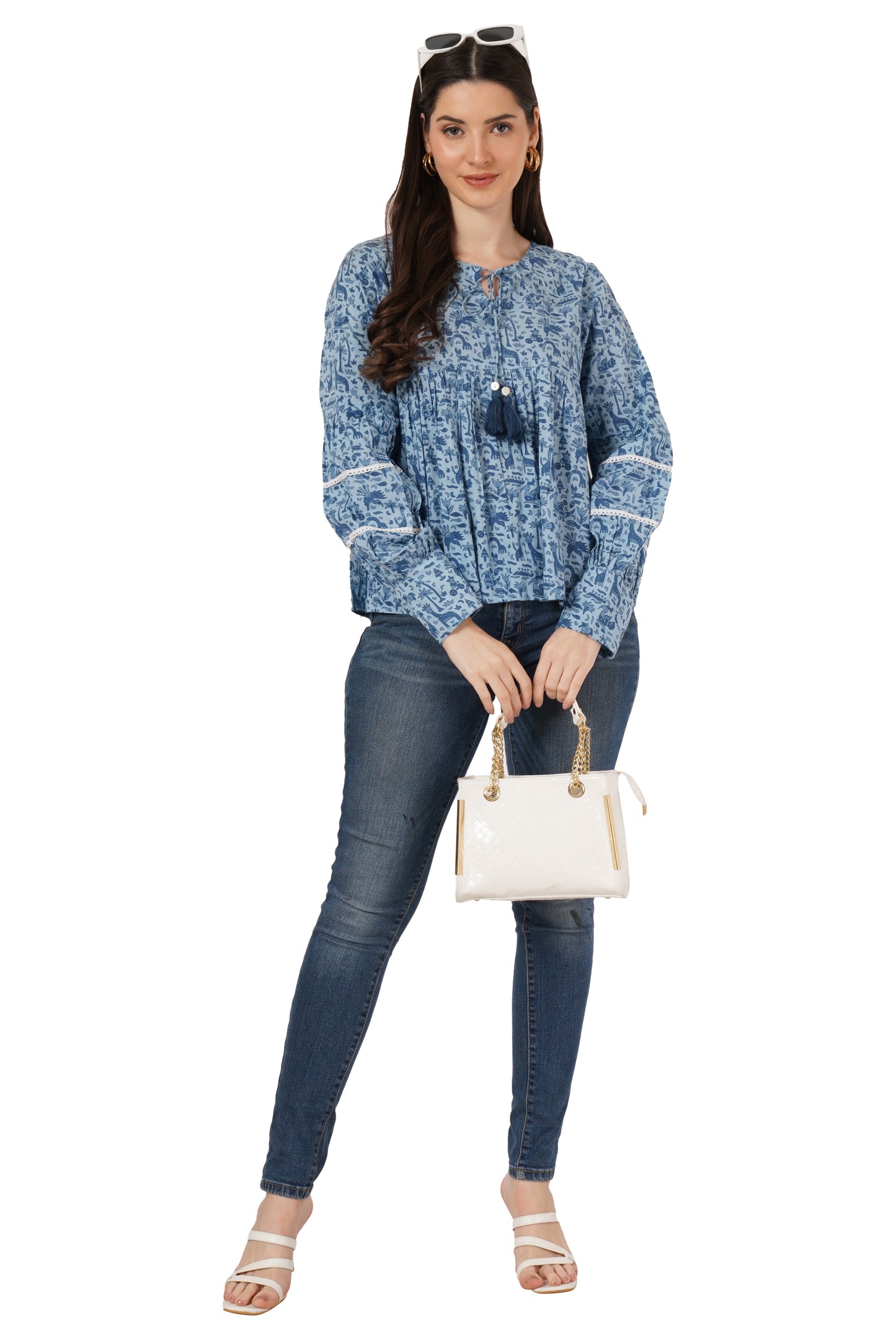 Women Floral Print Top, Navy and Blue