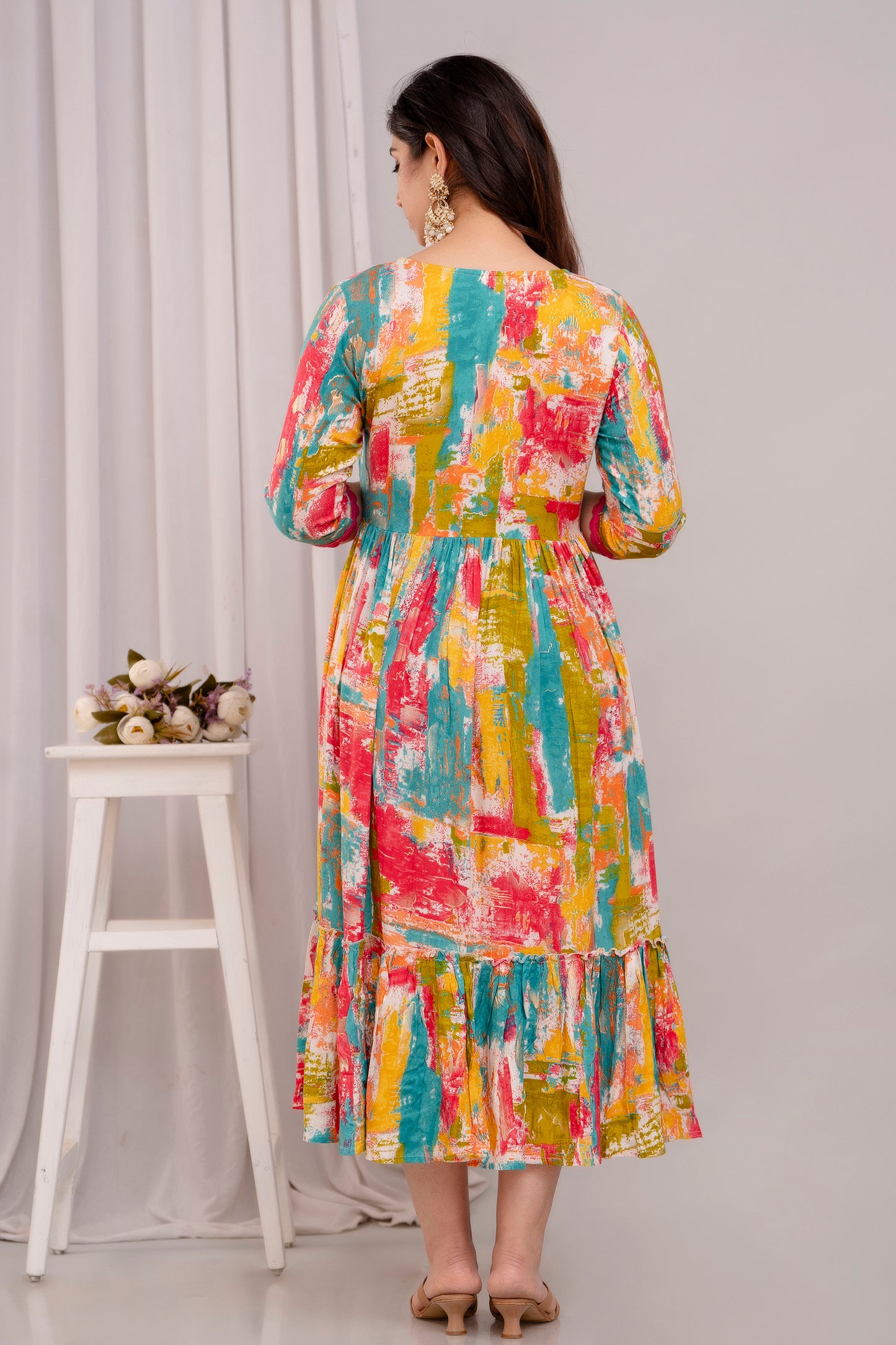 Flared Foil Printed Rayon Long Kurti