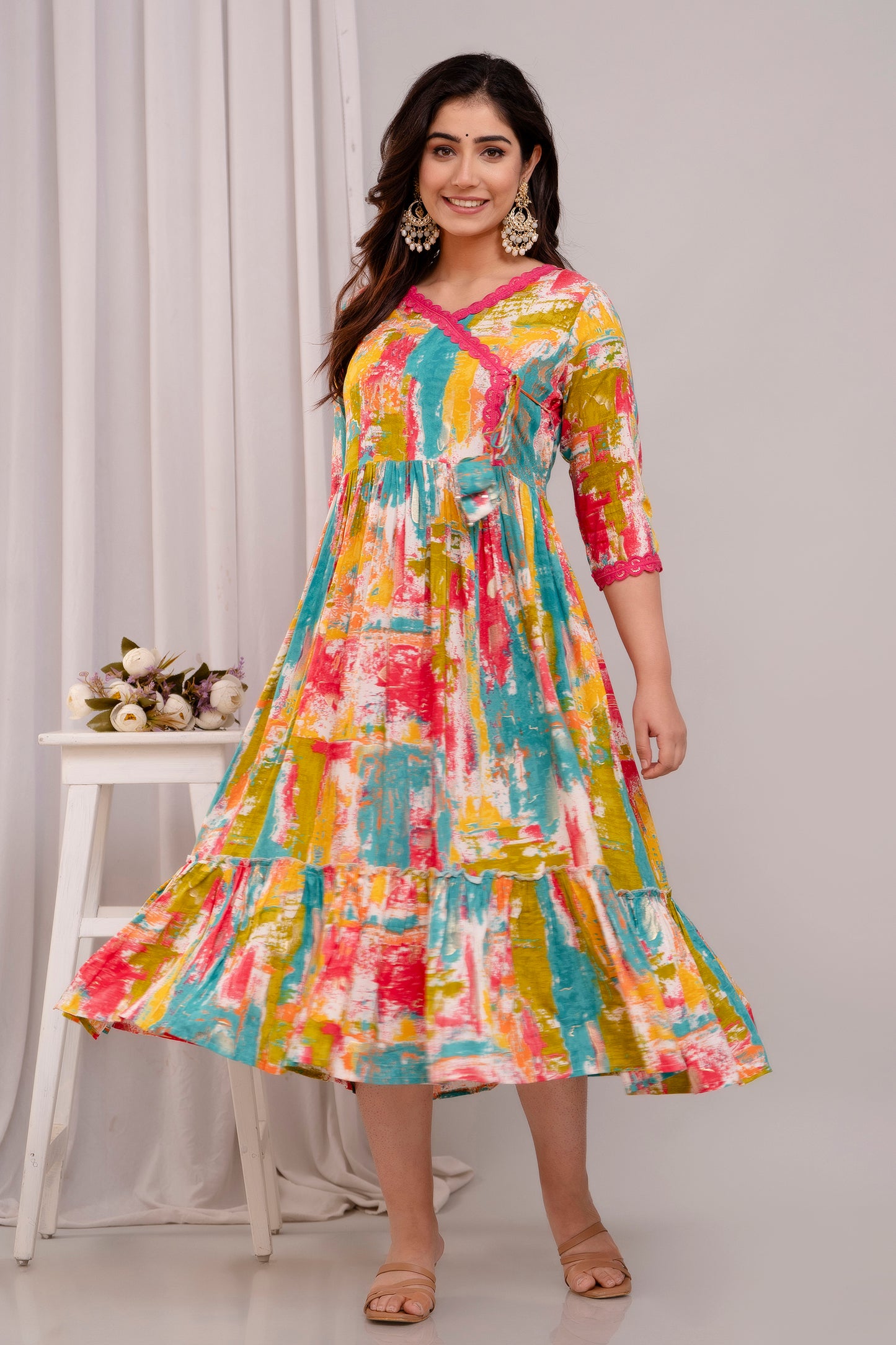 Flared Foil Printed Rayon Long Kurti