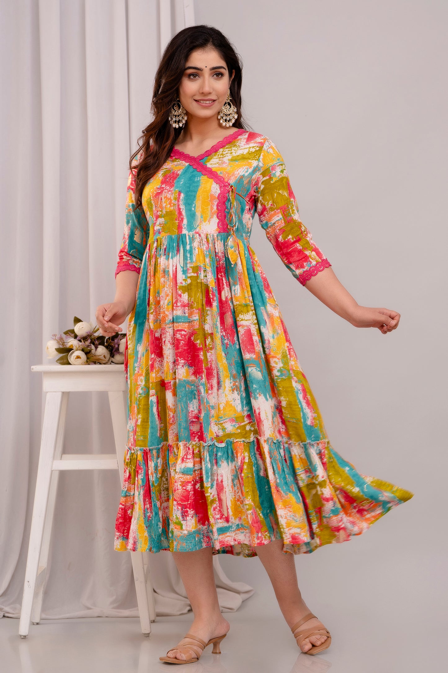 Flared Foil Printed Rayon Long Kurti