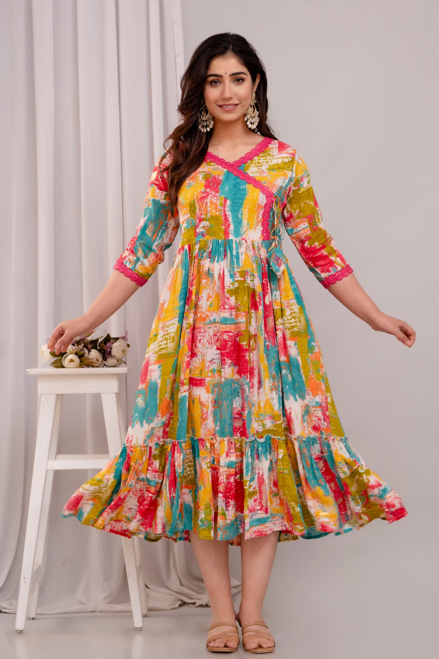 Flared Foil Printed Rayon Long Kurti