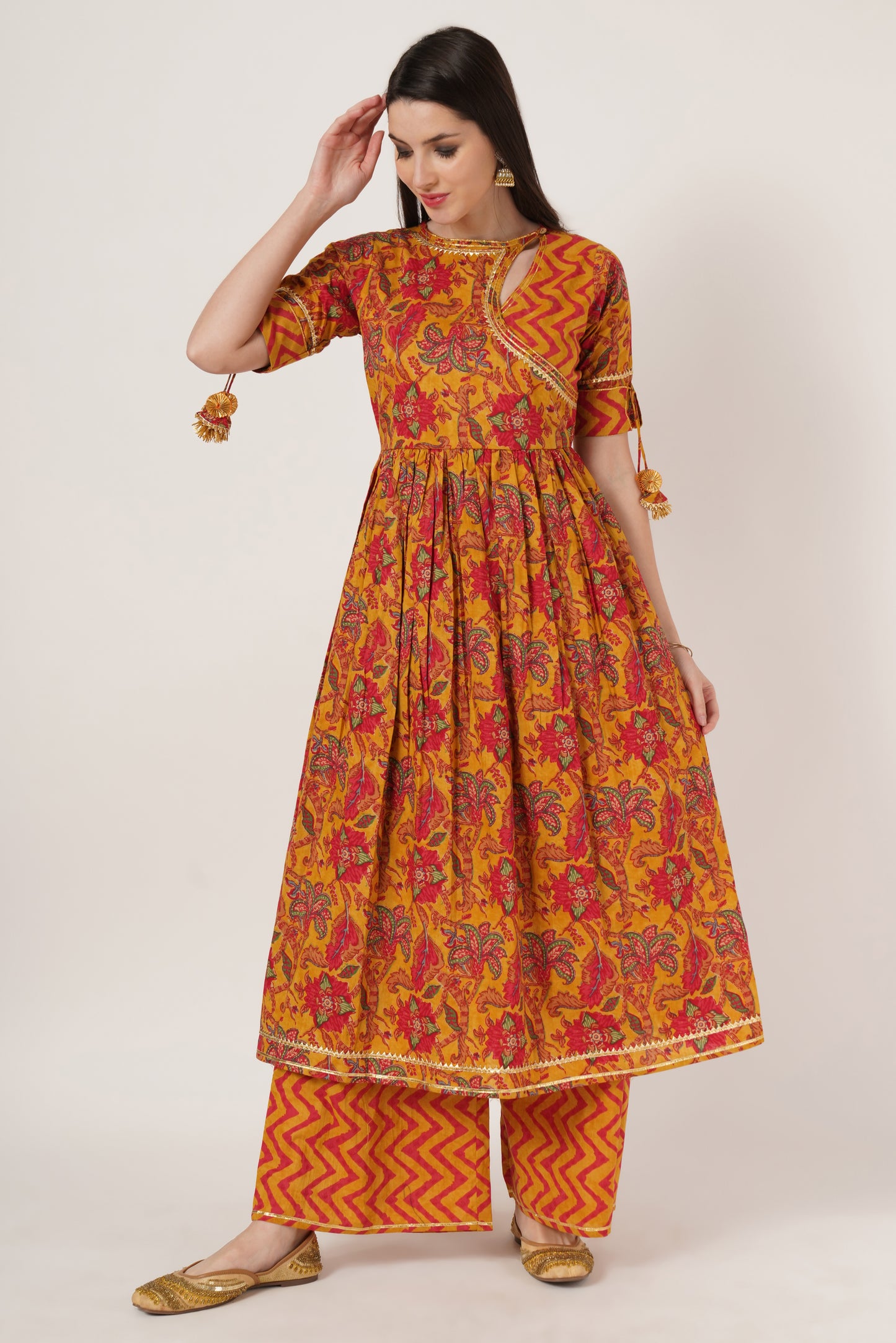 Women Mustard Yellow & Red Printed Kurta with Palazzos