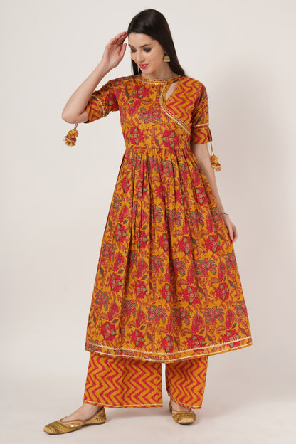Women Mustard Yellow & Red Printed Kurta with Palazzos