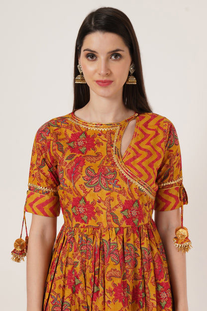 Women Mustard Yellow & Red Printed Kurta with Palazzos