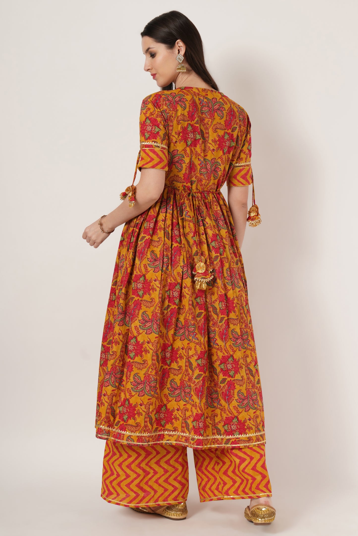Women Mustard Yellow & Red Printed Kurta with Palazzos