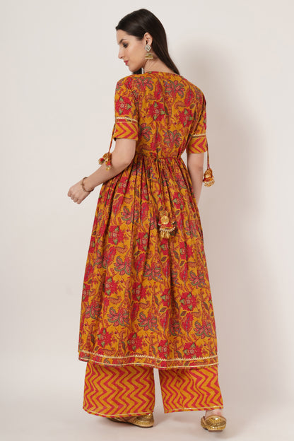 Women Mustard Yellow & Red Printed Kurta with Palazzos
