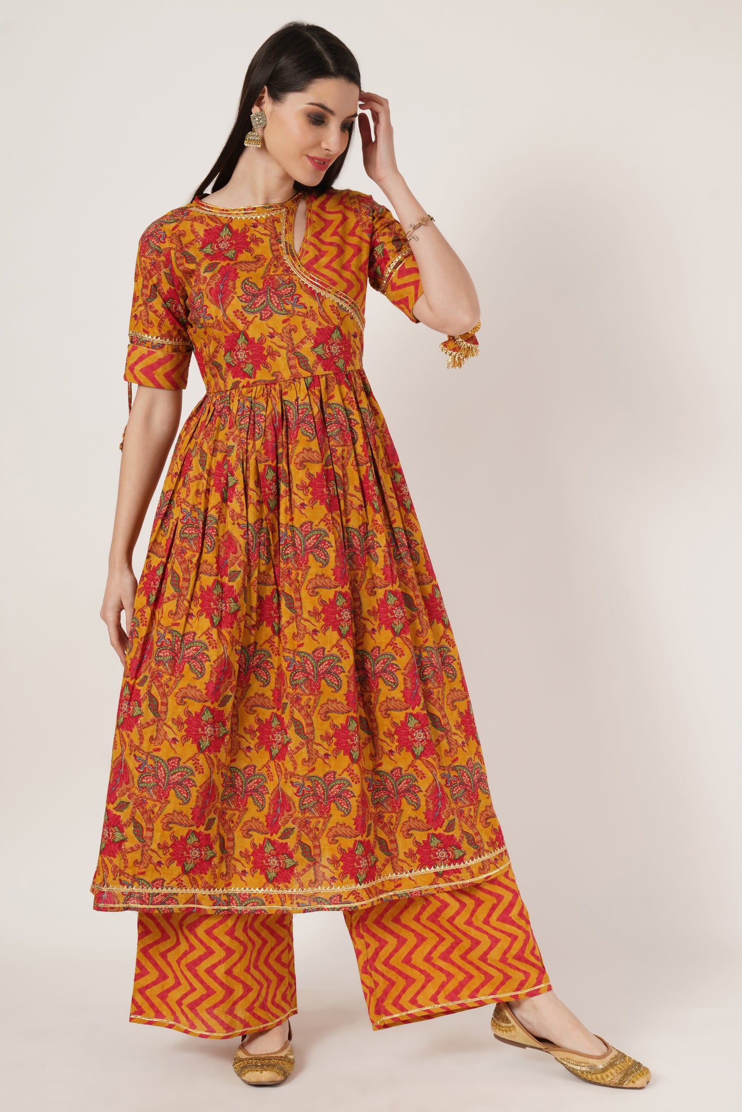 Women Mustard Yellow & Red Printed Kurta with Palazzos