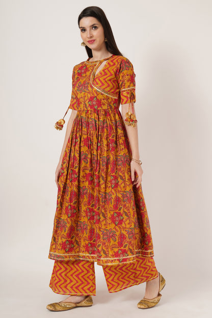 Women Mustard Yellow & Red Printed Kurta with Palazzos