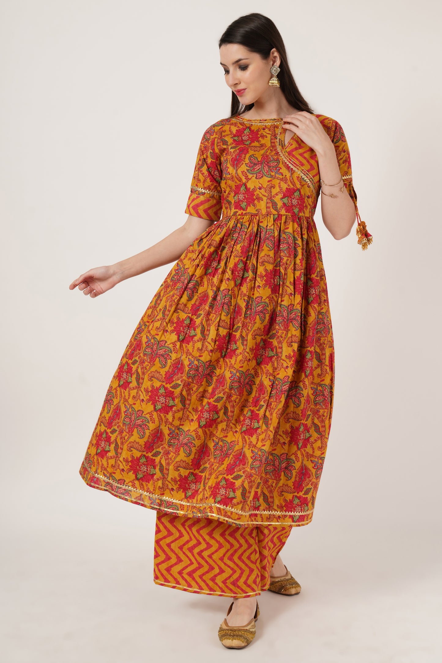 Women Mustard Yellow & Red Printed Kurta with Palazzos