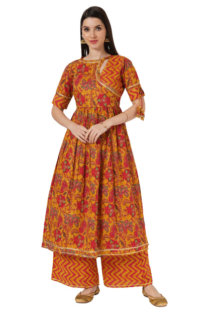 Women Mustard Yellow & Red Printed Kurta with Palazzos